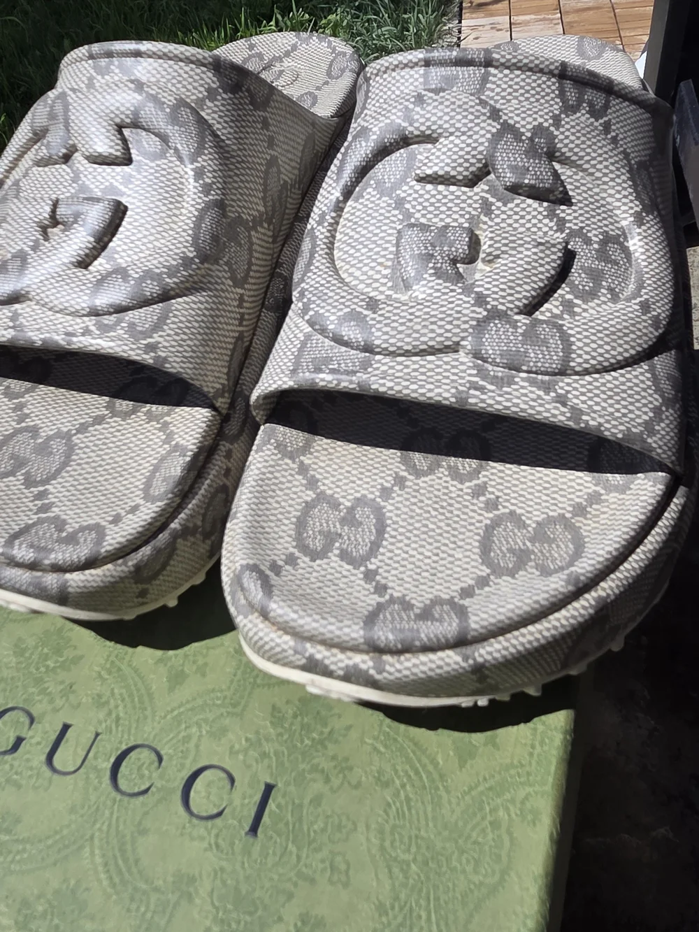 Gucci Gray GG Monogram Platform Slide  - BEIGE /EBONY - GENTLY USED, Womens US 9